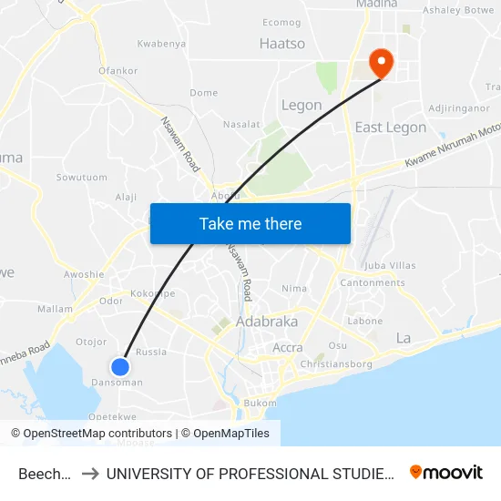 Beecham to UNIVERSITY OF PROFESSIONAL STUDIES (UPSA) map