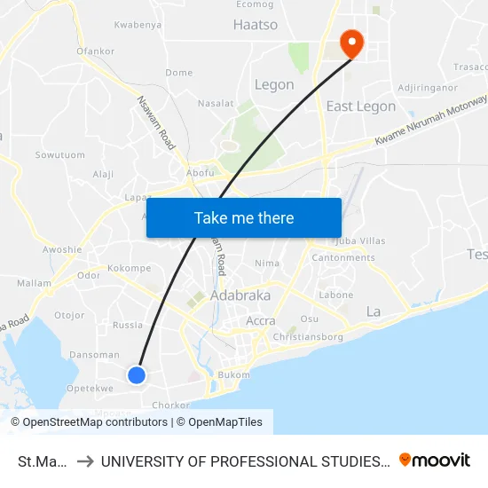 St.Marys to UNIVERSITY OF PROFESSIONAL STUDIES (UPSA) map