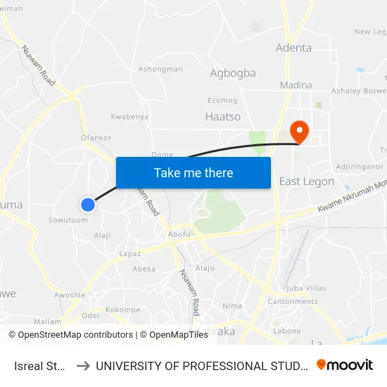 Isreal Station to UNIVERSITY OF PROFESSIONAL STUDIES (UPSA) map