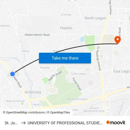 St. Johns to UNIVERSITY OF PROFESSIONAL STUDIES (UPSA) map