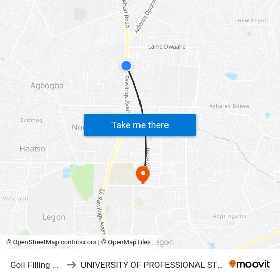 Goil Filling Station to UNIVERSITY OF PROFESSIONAL STUDIES (UPSA) map
