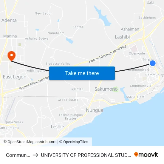 Community 4 to UNIVERSITY OF PROFESSIONAL STUDIES (UPSA) map