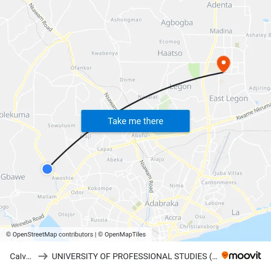 Calvary to UNIVERSITY OF PROFESSIONAL STUDIES (UPSA) map