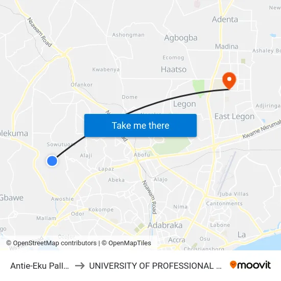 Antie-Eku Pallas Town to UNIVERSITY OF PROFESSIONAL STUDIES (UPSA) map