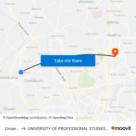 Omanjor to UNIVERSITY OF PROFESSIONAL STUDIES (UPSA) map