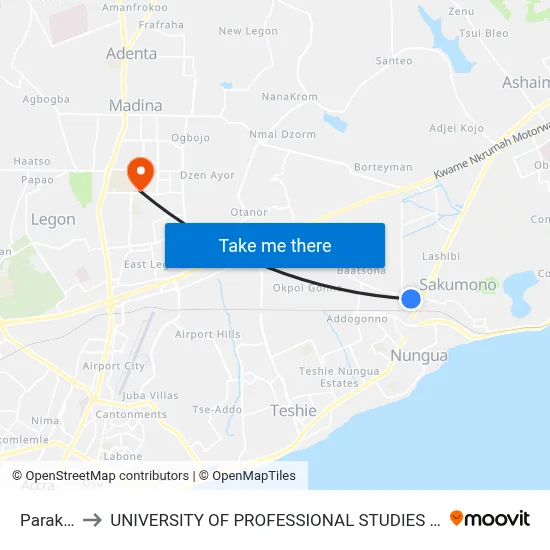 Parakuo to UNIVERSITY OF PROFESSIONAL STUDIES (UPSA) map