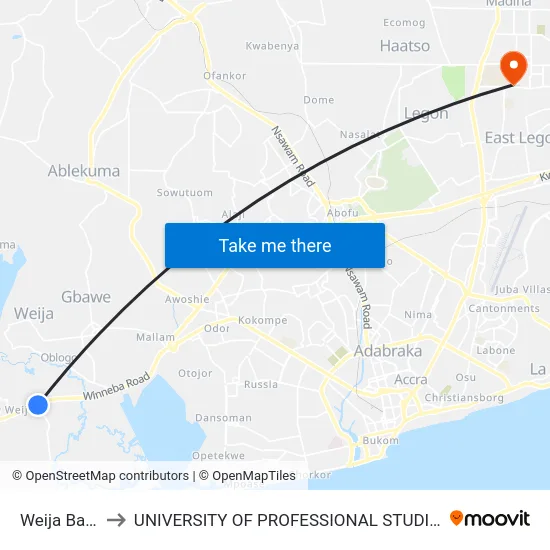 Weija Barrier to UNIVERSITY OF PROFESSIONAL STUDIES (UPSA) map