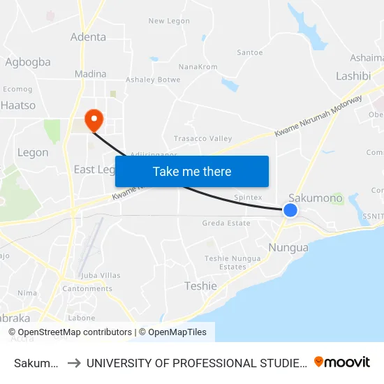 Sakumono to UNIVERSITY OF PROFESSIONAL STUDIES (UPSA) map