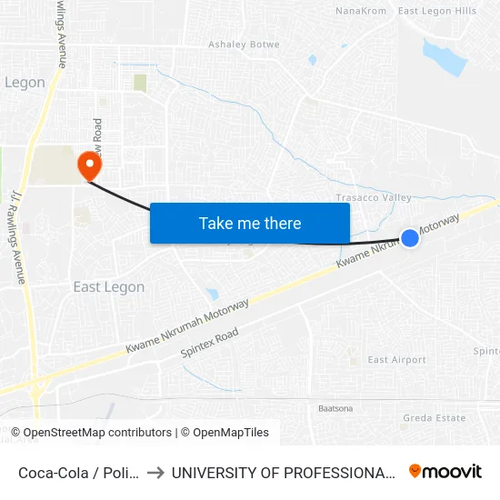 Coca-Cola / Police Station to UNIVERSITY OF PROFESSIONAL STUDIES (UPSA) map