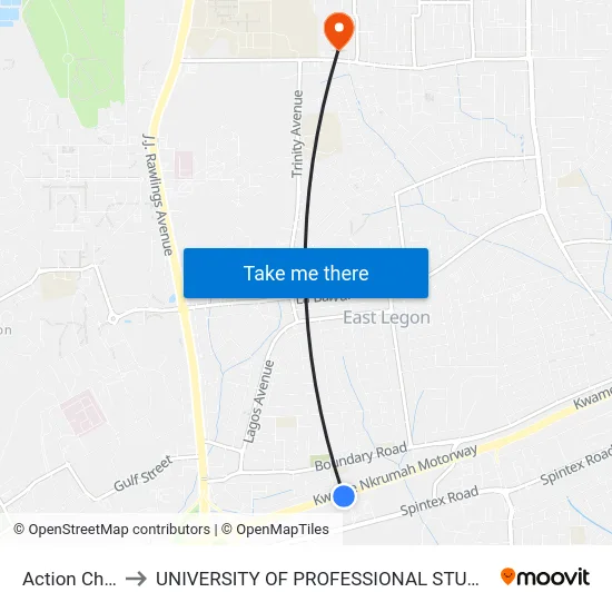 Action Chapel to UNIVERSITY OF PROFESSIONAL STUDIES (UPSA) map