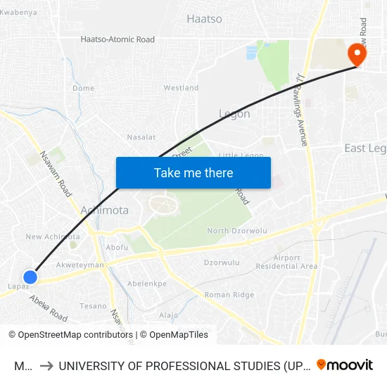 Mtn to UNIVERSITY OF PROFESSIONAL STUDIES (UPSA) map