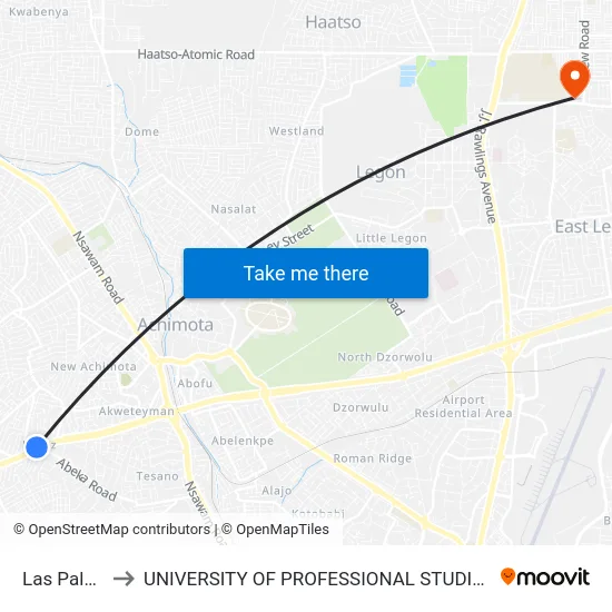 Las Palmas to UNIVERSITY OF PROFESSIONAL STUDIES (UPSA) map