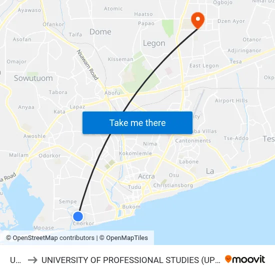 Usa to UNIVERSITY OF PROFESSIONAL STUDIES (UPSA) map