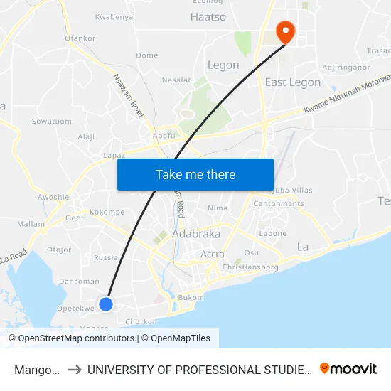 Mangoase to UNIVERSITY OF PROFESSIONAL STUDIES (UPSA) map