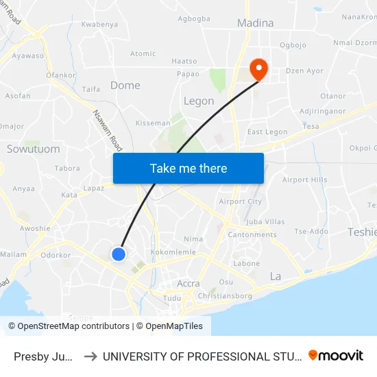 Presby Junction to UNIVERSITY OF PROFESSIONAL STUDIES (UPSA) map