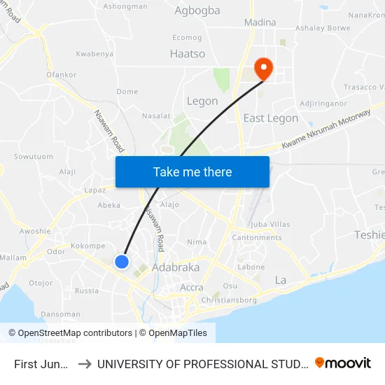 First Junction to UNIVERSITY OF PROFESSIONAL STUDIES (UPSA) map