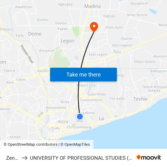 Zenith to UNIVERSITY OF PROFESSIONAL STUDIES (UPSA) map