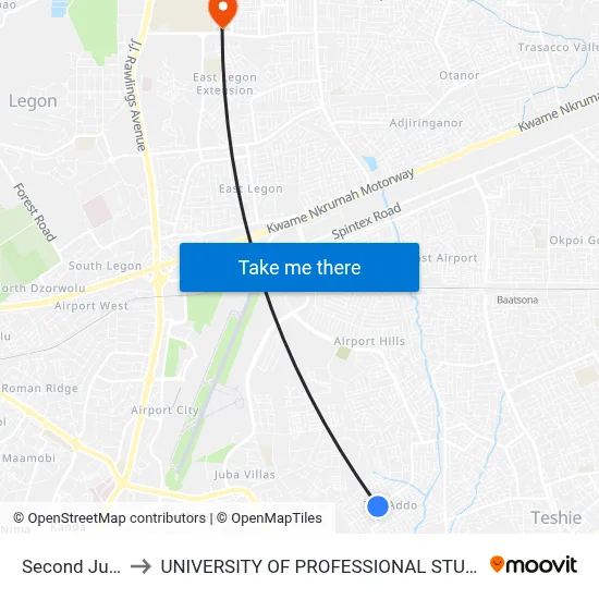Second Juction to UNIVERSITY OF PROFESSIONAL STUDIES (UPSA) map