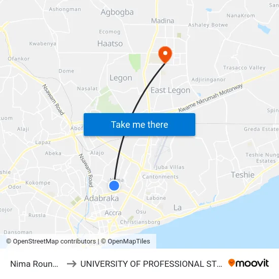 Nima Roundabout to UNIVERSITY OF PROFESSIONAL STUDIES (UPSA) map