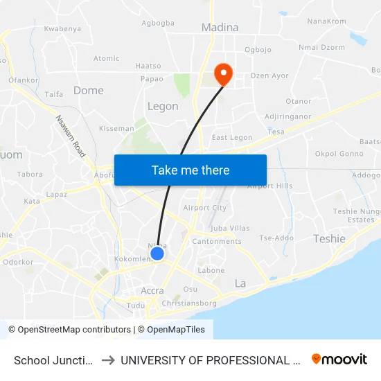 School Junction Nima to UNIVERSITY OF PROFESSIONAL STUDIES (UPSA) map