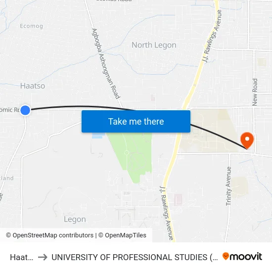 Haatso to UNIVERSITY OF PROFESSIONAL STUDIES (UPSA) map