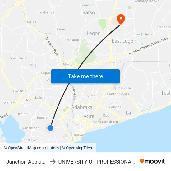 Junction Appiah Danquah to UNIVERSITY OF PROFESSIONAL STUDIES (UPSA) map