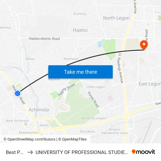Best Point to UNIVERSITY OF PROFESSIONAL STUDIES (UPSA) map