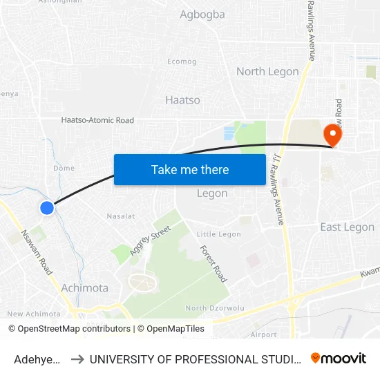 Adehyeman to UNIVERSITY OF PROFESSIONAL STUDIES (UPSA) map