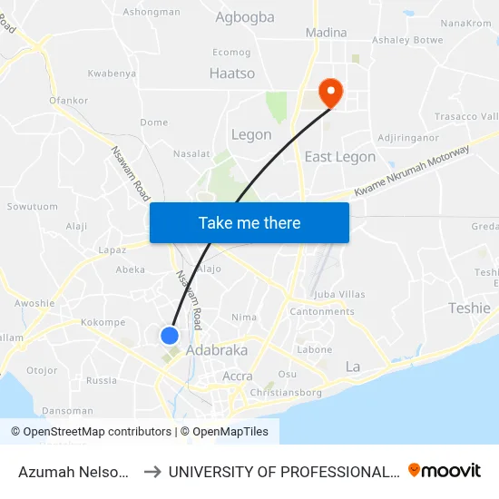 Azumah Nelson Complex to UNIVERSITY OF PROFESSIONAL STUDIES (UPSA) map
