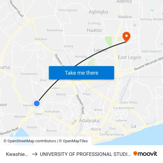 Kwashieman to UNIVERSITY OF PROFESSIONAL STUDIES (UPSA) map