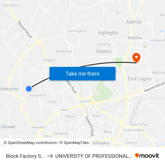 Block Factory Sowutuom to UNIVERSITY OF PROFESSIONAL STUDIES (UPSA) map