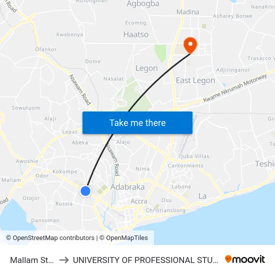 Mallam Station to UNIVERSITY OF PROFESSIONAL STUDIES (UPSA) map