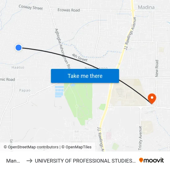 Manmay to UNIVERSITY OF PROFESSIONAL STUDIES (UPSA) map