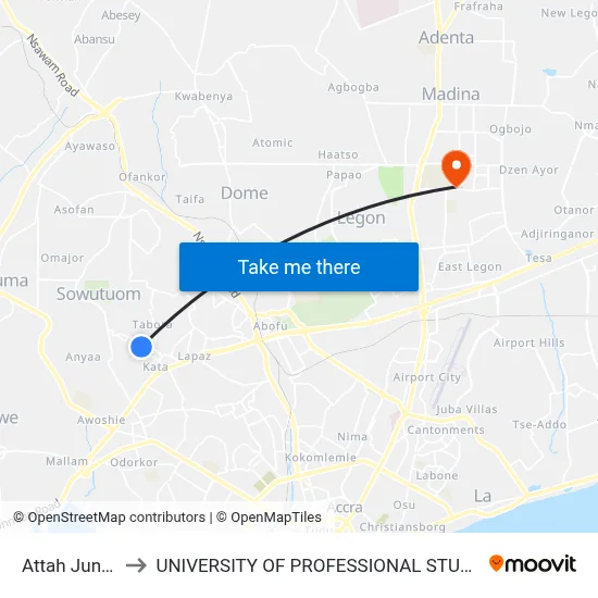 Attah Junction to UNIVERSITY OF PROFESSIONAL STUDIES (UPSA) map