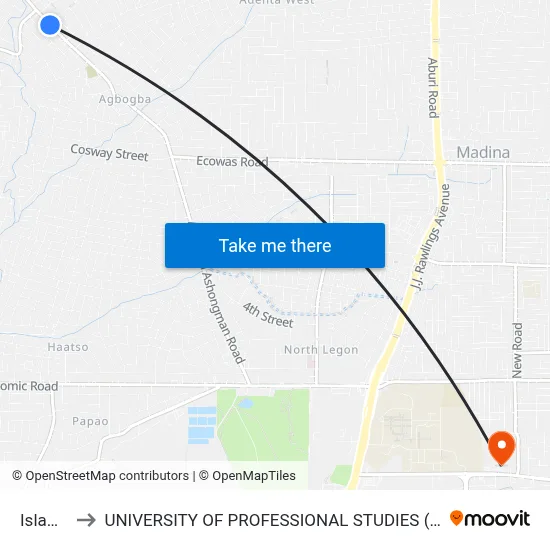Islamic to UNIVERSITY OF PROFESSIONAL STUDIES (UPSA) map