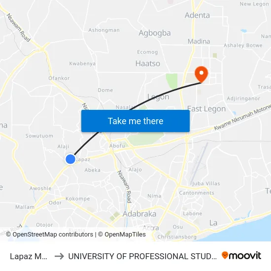 Lapaz Market to UNIVERSITY OF PROFESSIONAL STUDIES (UPSA) map