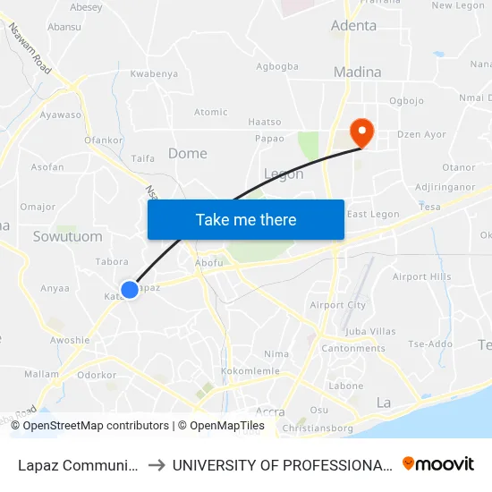 Lapaz Community Junction to UNIVERSITY OF PROFESSIONAL STUDIES (UPSA) map