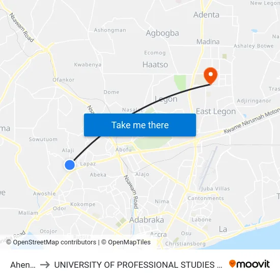 Ahenfie to UNIVERSITY OF PROFESSIONAL STUDIES (UPSA) map