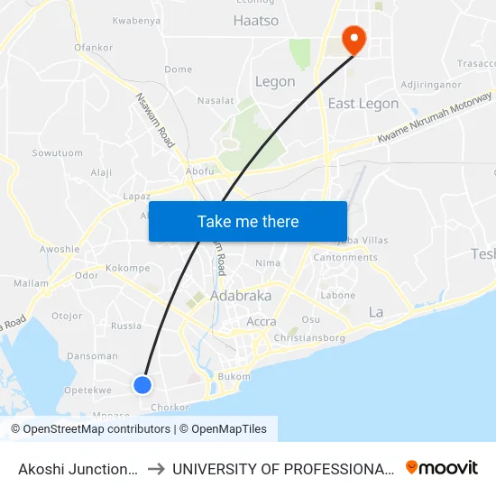 Akoshi Junction Mamprobi to UNIVERSITY OF PROFESSIONAL STUDIES (UPSA) map
