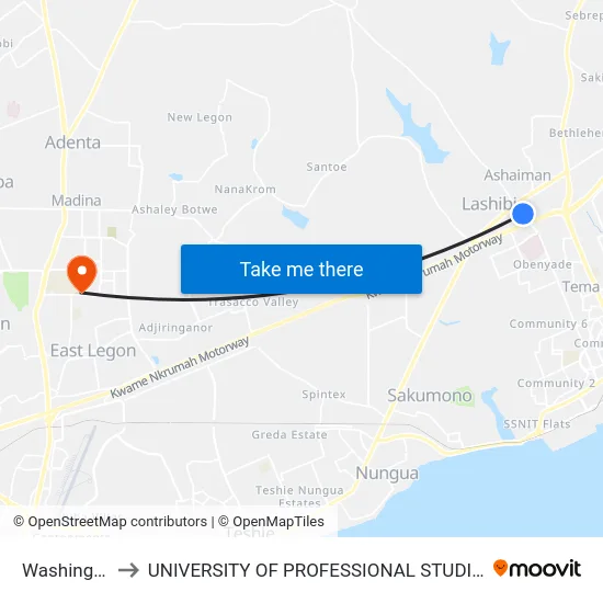 Washing Bay to UNIVERSITY OF PROFESSIONAL STUDIES (UPSA) map