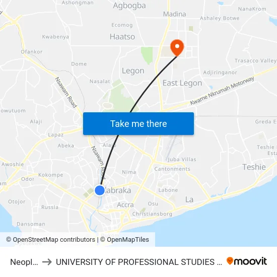 Neoplan to UNIVERSITY OF PROFESSIONAL STUDIES (UPSA) map