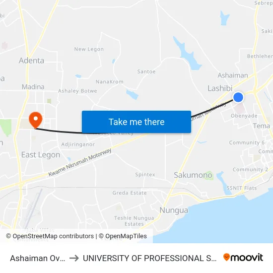 Ashaiman Overhead to UNIVERSITY OF PROFESSIONAL STUDIES (UPSA) map