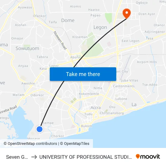 Seven Great to UNIVERSITY OF PROFESSIONAL STUDIES (UPSA) map