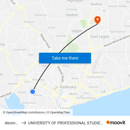 Abomatte to UNIVERSITY OF PROFESSIONAL STUDIES (UPSA) map
