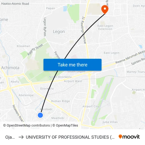 Ojawe to UNIVERSITY OF PROFESSIONAL STUDIES (UPSA) map