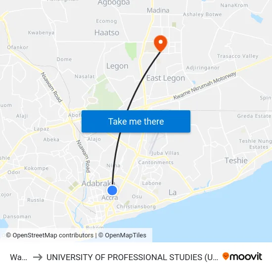 Waec to UNIVERSITY OF PROFESSIONAL STUDIES (UPSA) map