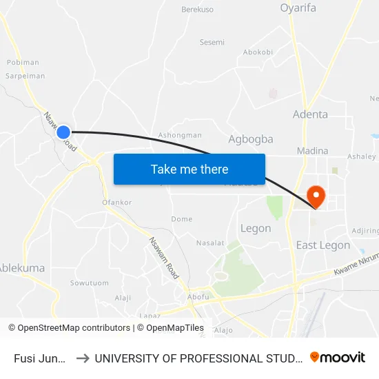 Fusi Junction to UNIVERSITY OF PROFESSIONAL STUDIES (UPSA) map