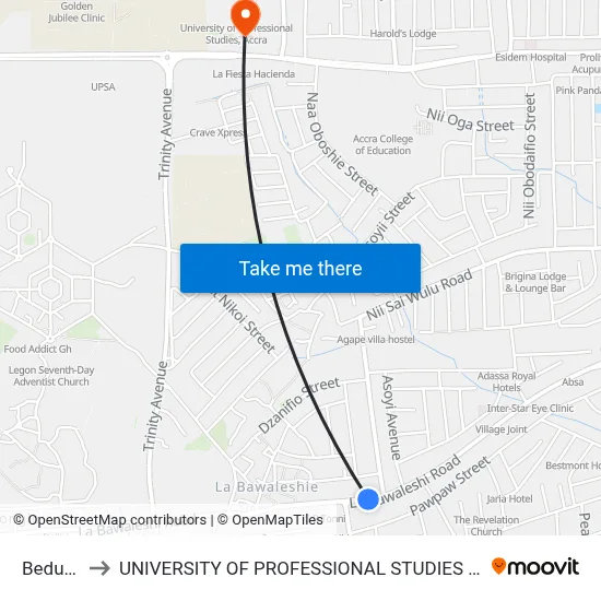 Beduwa to UNIVERSITY OF PROFESSIONAL STUDIES (UPSA) map