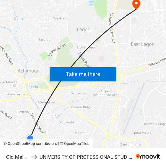 Old Melcom to UNIVERSITY OF PROFESSIONAL STUDIES (UPSA) map