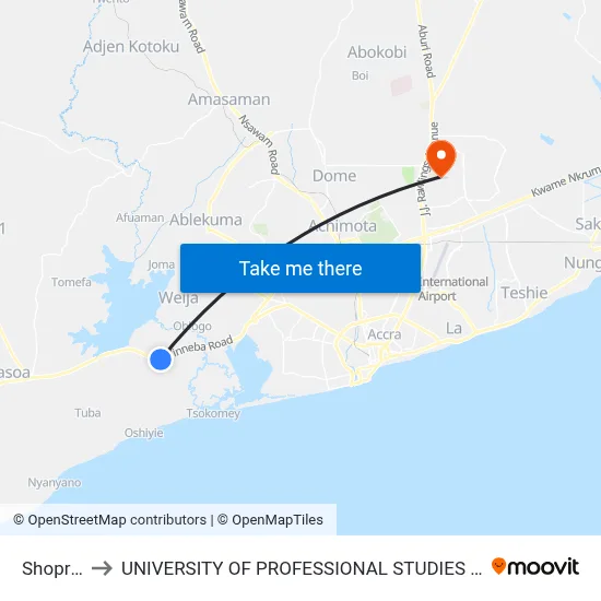 Shoprite to UNIVERSITY OF PROFESSIONAL STUDIES (UPSA) map
